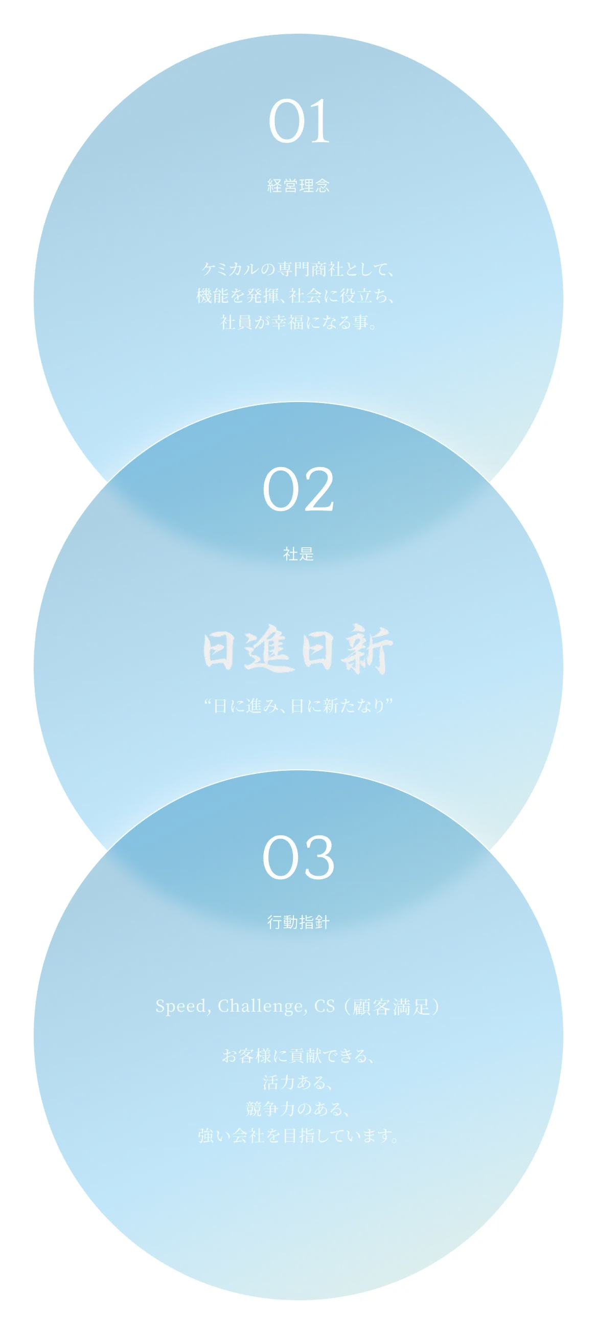 01 経営理念: ケミカルの専門商社として、機能を発揮、社会に役立ち、社員が幸福になる事。02 社是:日進日新 “日に進み、日に新たなり” 03 行動指針:Speed, Challenge, CS（顧客満足） お客様に貢献できる、活力ある、競争力のある、強い会社を目指しています。